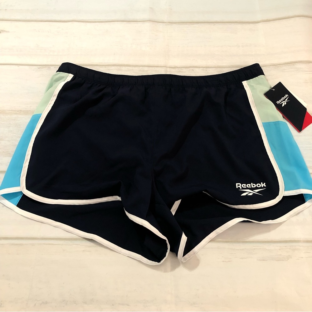 Reebok Women Racer Heritage Relaxed Shorts Elastic Waistband Blue Green Size XL